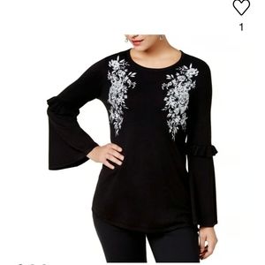 ALFANI Women's Black Embroidered Bell Sleeves
